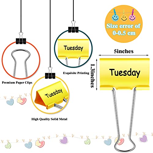 Tenare 6 Pieces Teacher Essentials Large Binder Clips 2 Inches Teacher Binder Paper Clips Office Back to School Gifts Classroom Supplies Management Supplies(Days of The Week) - Image 2