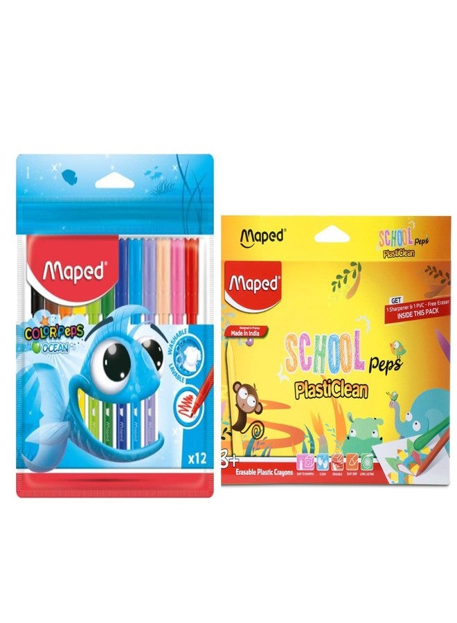 MAPED Colouring Kit - 2Pcs Set Washable Felt Tip Pen X12 Shades Plastic Crayons X15 Shades|Eraseable Plastic Crayons| Bright colour Sketch pens|Birthday Gift|Rakhi Gift| Return Gift - Image 1