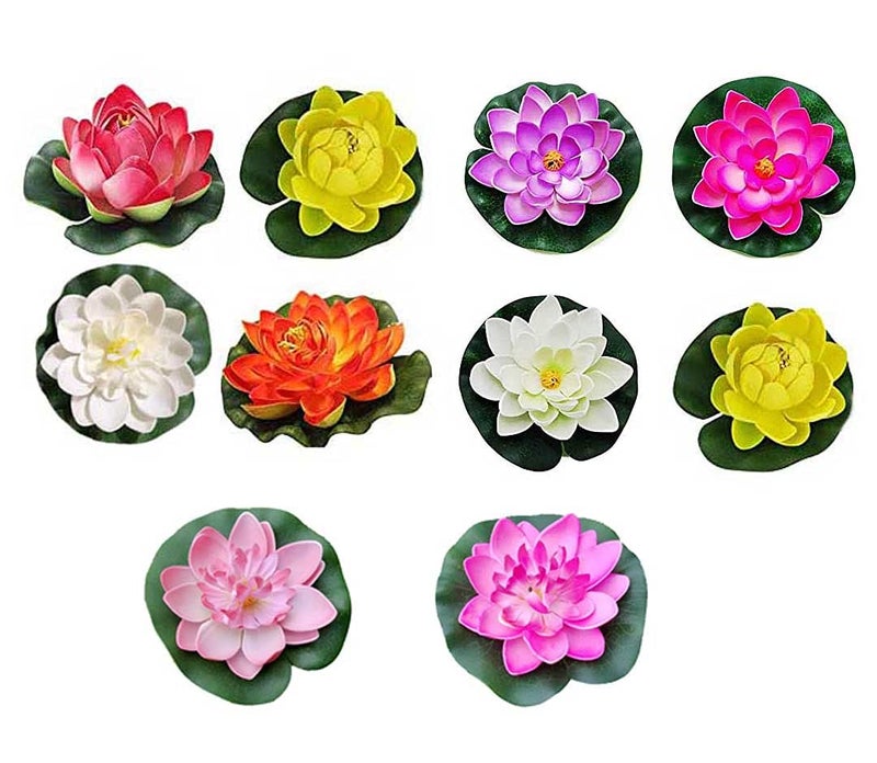 LOGRO Set of 10 Piece Artificial Floating Lotus Foam Flowers with Rubber Leaf for Outdoor Indoor Home Wedding Aquariums Decoration - Image 1