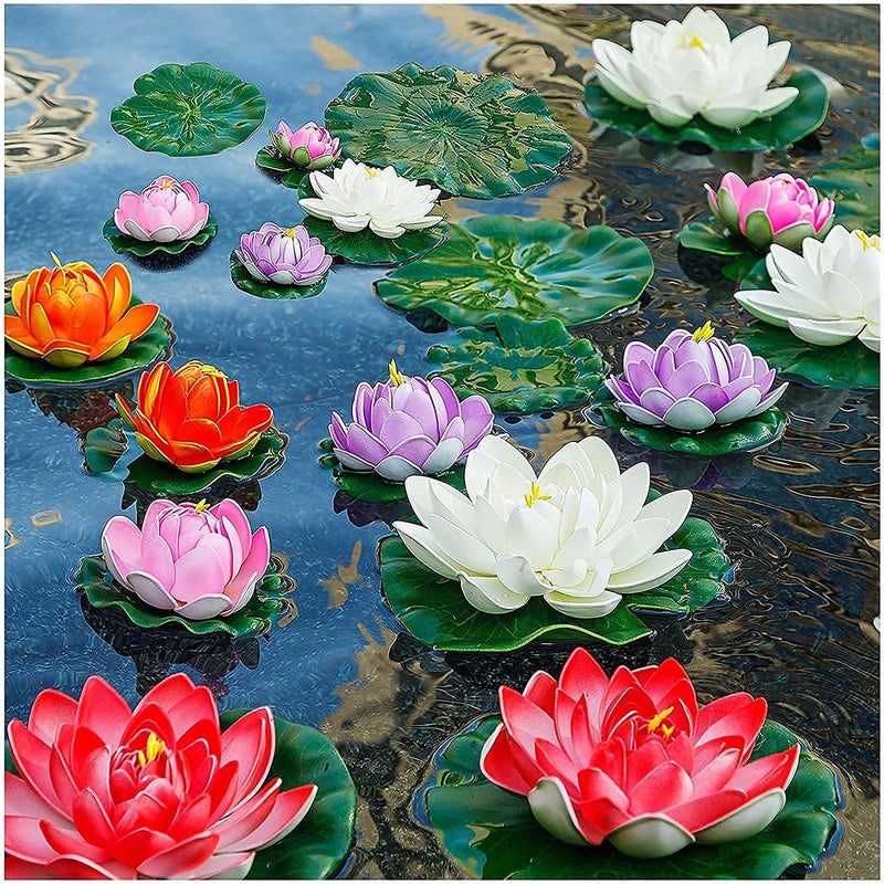 LOGRO Set of 10 Piece Artificial Floating Lotus Foam Flowers with Rubber Leaf for Outdoor Indoor Home Wedding Aquariums Decoration - Image 2