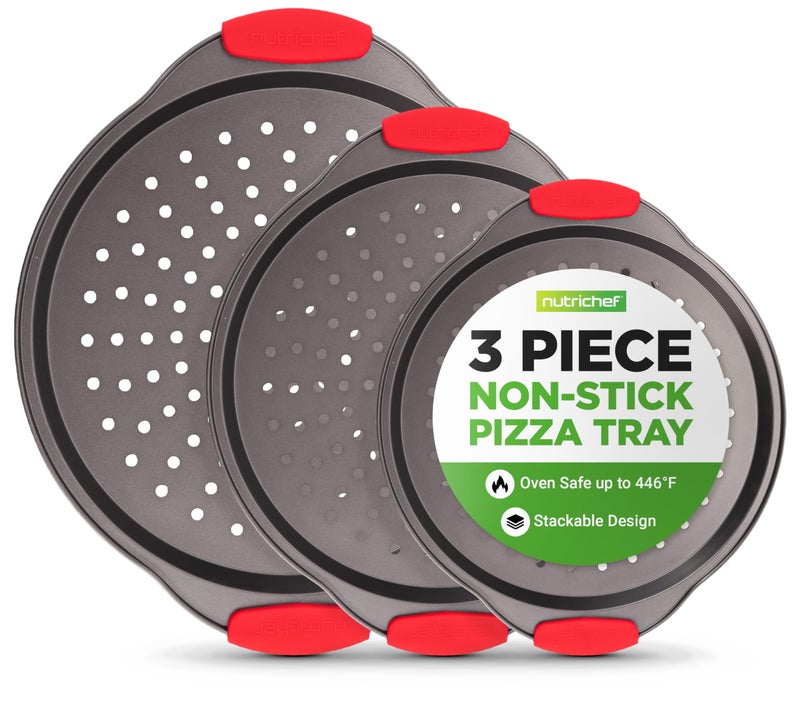 NutriChef 3Piece Pizza Tray Set with Silicone Handles Round Nonstick Pizza Pan with Perforated Holes Durable Carbon Steel Small Medium Large Sizes Ideal for Crispy Evenly Baked Pizzas Gray