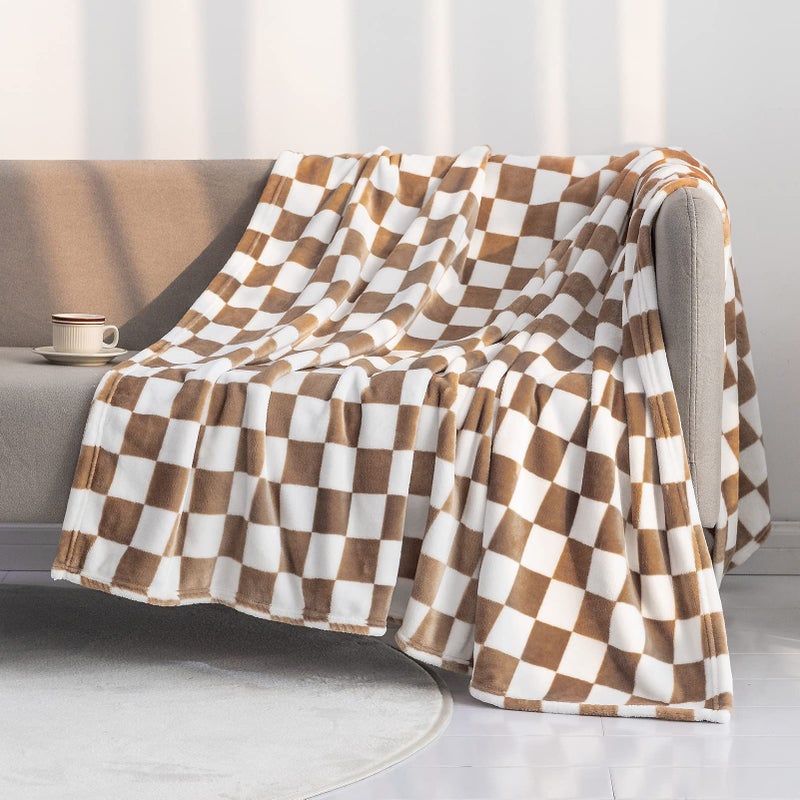LOMAO Throw Blankets Flannel Blanket with Checkerboard Grid Pattern Soft Throw Blanket for Couch Bed Sofa Luxurious Warm and Cozy for All Seasons Khaki 60x80