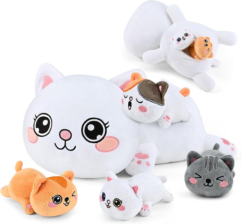 KMUYSL Cat Stuffed Animals Toys for Ages 0 1 2 3 4 5 6 7 8 Years Old Kids  Mommy Cat with 4 Baby Kitty in Her Tummy Idea Xmas Birthday Gifts for Baby Toddler Girls Boys - Image 2