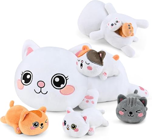 KMUYSL Cat Stuffed Animals Toys for Ages 0 1 2 3 4 5 6 7 8 Years Old Kids  Mommy Cat with 4 Baby Kitty in Her Tummy Idea Xmas Birthday Gifts for Baby Toddler Girls Boys - Image 1
