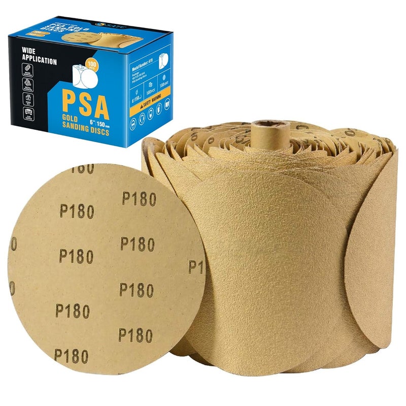 S SATC 100 PCS PSA Sanding Discs 6 Inch Adhesive Backed Sandpaper 180 Grit Sander Attachment for Drill Self Stick Aluminum Oxide Round Automotive Sandpaper with Sticky Back - Image 1
