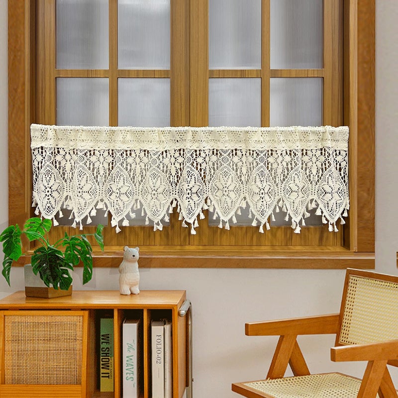 AiFMQQ Boho Crochet Lace Sheer Curtain Valance for Kitchen Windows Vintage Macrame Valances for Dining Room Living Room Farmhouse Rustic Crochet Valance Rod Pocket 1 Panel (W35 L15 inch,Beige) - Image 2