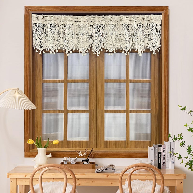 AiFMQQ Boho Crochet Lace Sheer Curtain Valance for Kitchen Windows Vintage Macrame Valances for Dining Room Living Room Farmhouse Rustic Crochet Valance Rod Pocket 1 Panel (W35 L15 inch,Beige) - Image 3
