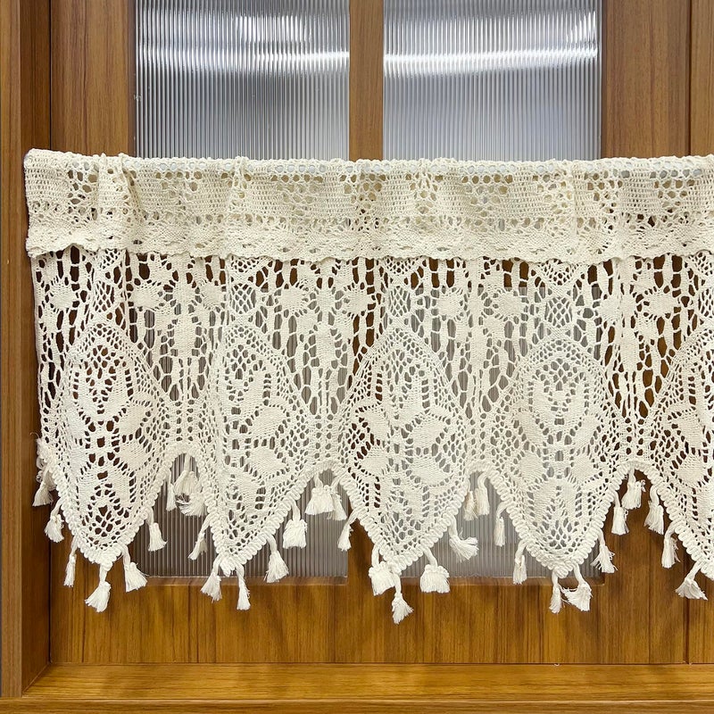 AiFMQQ Boho Crochet Lace Sheer Curtain Valance for Kitchen Windows Vintage Macrame Valances for Dining Room Living Room Farmhouse Rustic Crochet Valance Rod Pocket 1 Panel (W35 L15 inch,Beige) - Image 5
