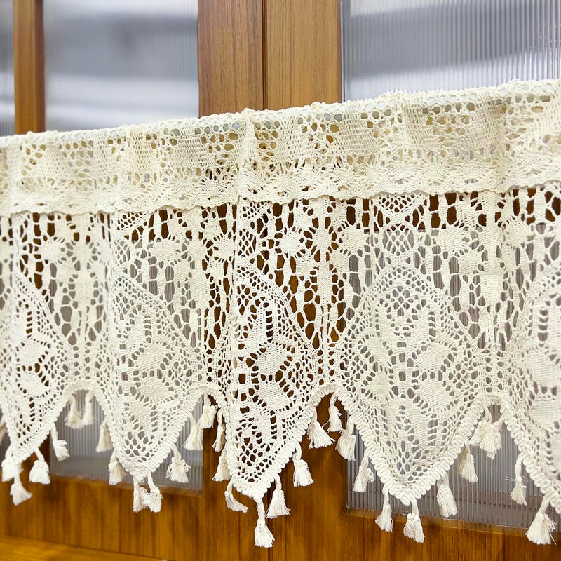 AiFMQQ Boho Crochet Lace Sheer Curtain Valance for Kitchen Windows Vintage Macrame Valances for Dining Room Living Room Farmhouse Rustic Crochet Valance Rod Pocket 1 Panel (W35 L15 inch,Beige) - Image 4