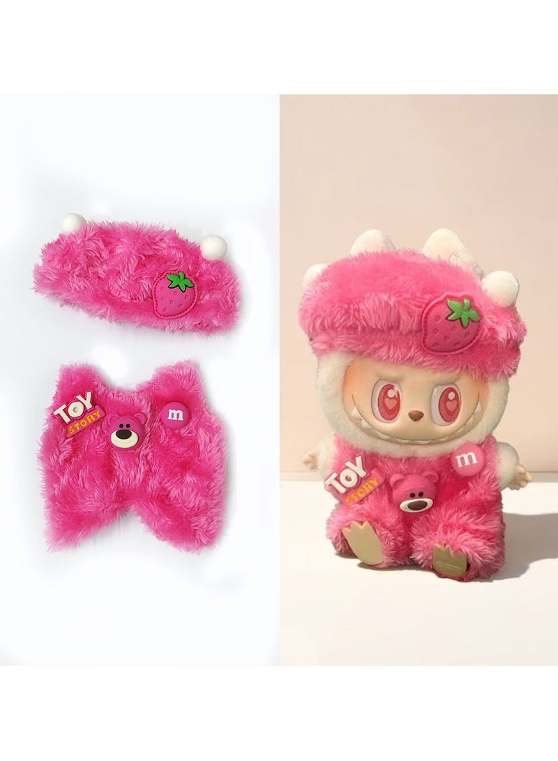 LABUBU Labubu Rosette Teddy Style Set for 17cm Doll - Pink Denim Overalls & Berry Cap (Doll/Shoes Not Included) 