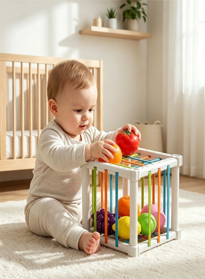 6-18 Months Baby Montessori Sensory Cube Toy, Elastic Band Fruit Pull Out Game, Fine Motor Skill Development Teething Toy for Toddler, 6Pcs Fruit Shape Educational Play Toy - Image 2