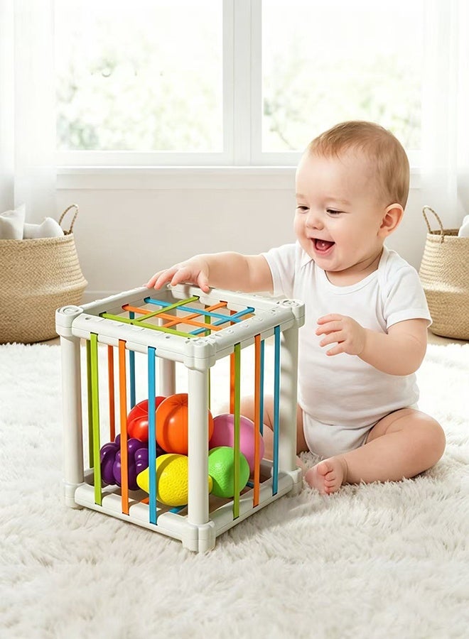 6-18 Months Baby Montessori Sensory Cube Toy, Elastic Band Fruit Pull Out Game, Fine Motor Skill Development Teething Toy for Toddler, 6Pcs Fruit Shape Educational Play Toy - Image 1