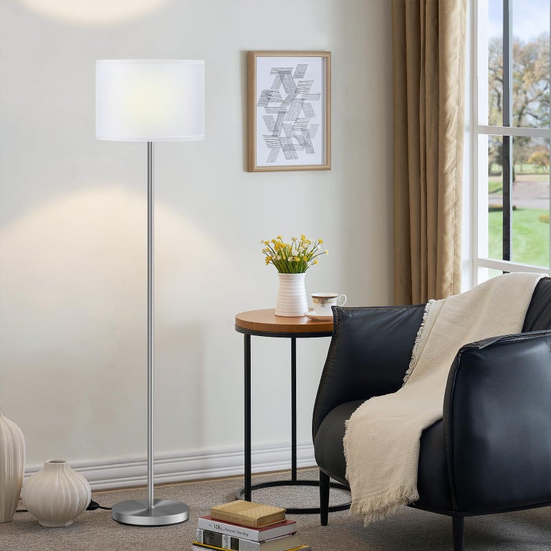 Ambimall 60'' Modern Floor Lamp with Shade, Tall Lamps for Living Room, Bedroom, Office, Dining Room, White Shade with Silver Pole(Without Bulb) - Image 1
