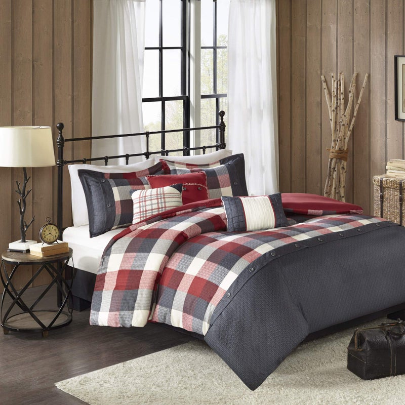 madison park Madison Park Ridge Comforter Set  Cabin Lodge Plaid Herringbone Design All Season Down Alternative Cozy Bedding with Matching Bedskirt Shams Decorative Pillow Red King104x92 7 Piece 