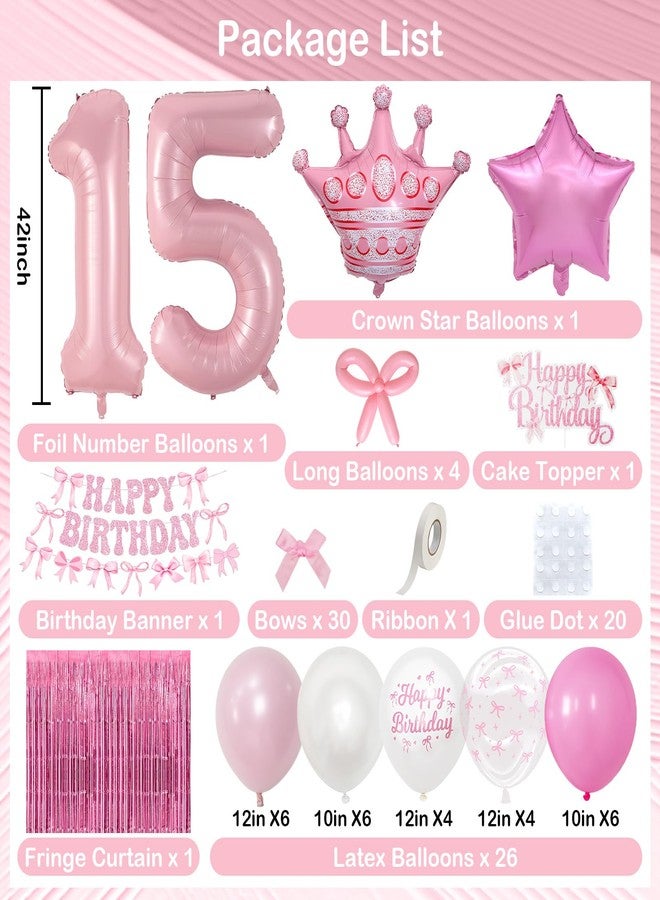 Togvu 15th Pink Bow Birthday Decorations for Girls, Coquette Party Decor Include 40 Inch Foil Number 15 Crown Star Balloon Double Stuffed Balloon Pink Bows Cake Topper Happy Birthday Banner Fringe Curtain - Image 2