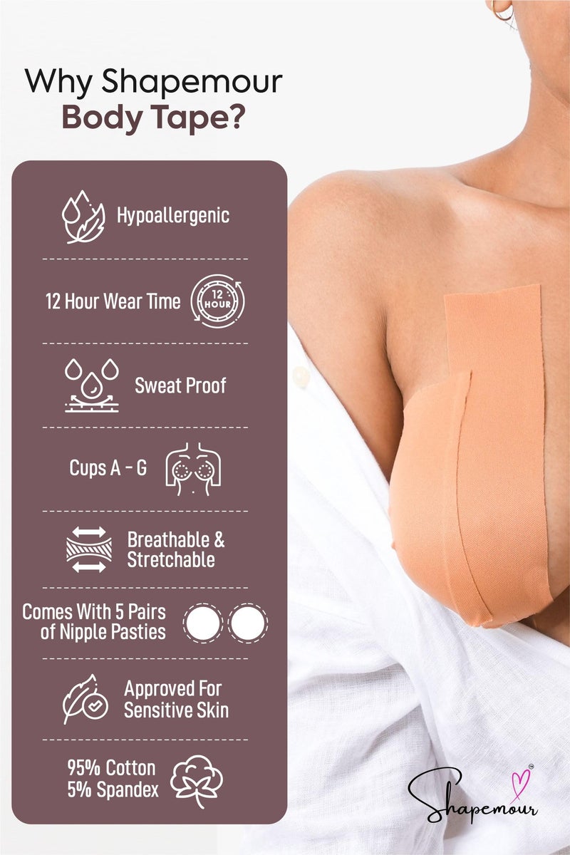 SHAPEMOUR Boob Tape Kit with 5 Pair Nipple Pasties for Women | Strong Double Sided Body Tape | Invisible Breast Lift, Skin-Friendly Adhesive, Breathable Fabric | 12-Hour Hold - 7.5cm - Image 2