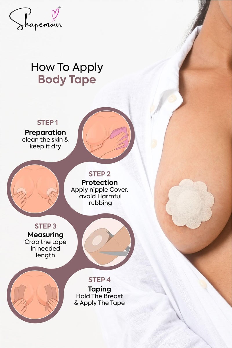 SHAPEMOUR Boob Tape Kit with 5 Pair Nipple Pasties for Women | Strong Double Sided Body Tape | Invisible Breast Lift, Skin-Friendly Adhesive, Breathable Fabric | 12-Hour Hold - 7.5cm - Image 3