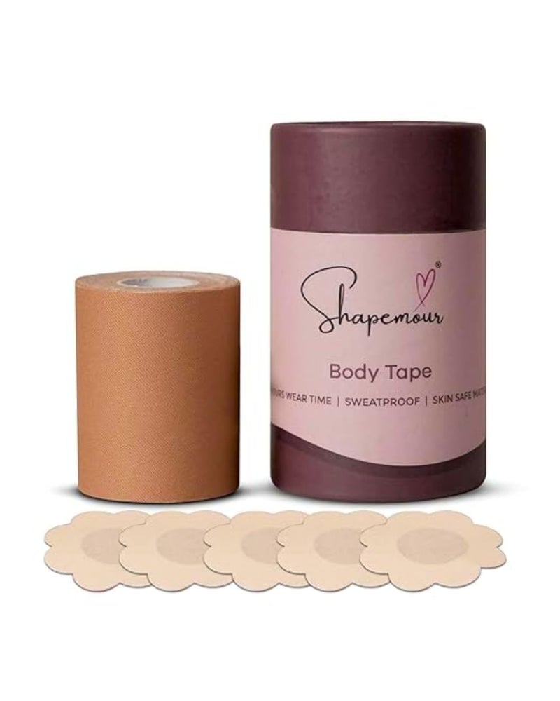 SHAPEMOUR Boob Tape Kit with 5 Pair Nipple Pasties for Women | Strong Double Sided Body Tape | Invisible Breast Lift, Skin-Friendly Adhesive, Breathable Fabric | 12-Hour Hold - 7.5cm - Image 1
