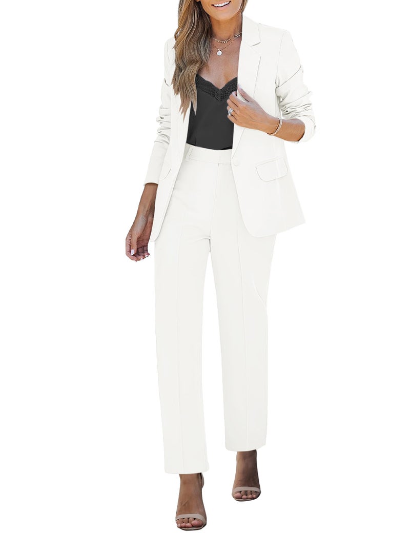 luvamia Women's Two Piece Sets Pants Suits Dressy Business Casual Outfits Professional Blazer Pantsuits Set Work Office Cream White Medium Fits US 8-10 - Image 1