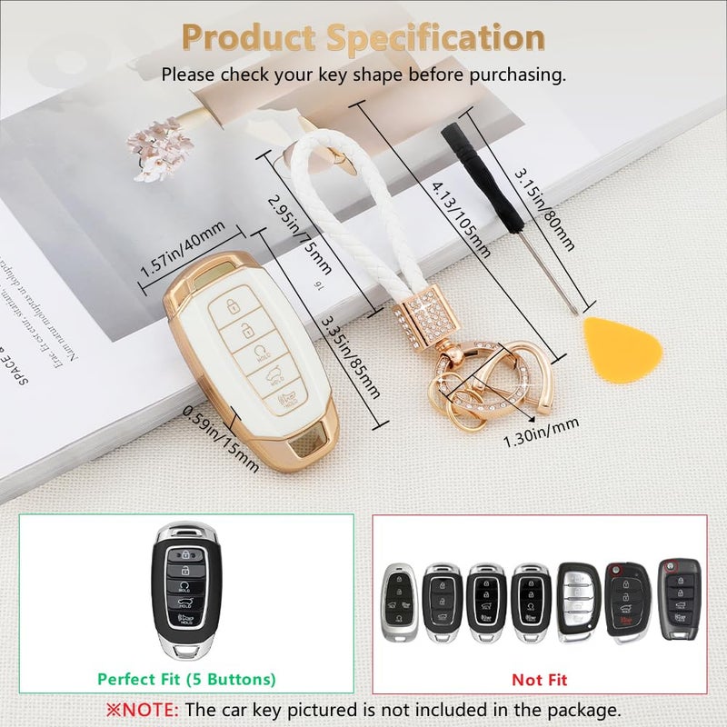 PIFOOG for Hyundai Elantra Key Fob Cover Palisade 2023 2022 2021 2020 5 Buttons Car Keys Case Shell Protector Holder Glittering Keychain Accessories Girly Women Cute TPU Gold White - Image 3