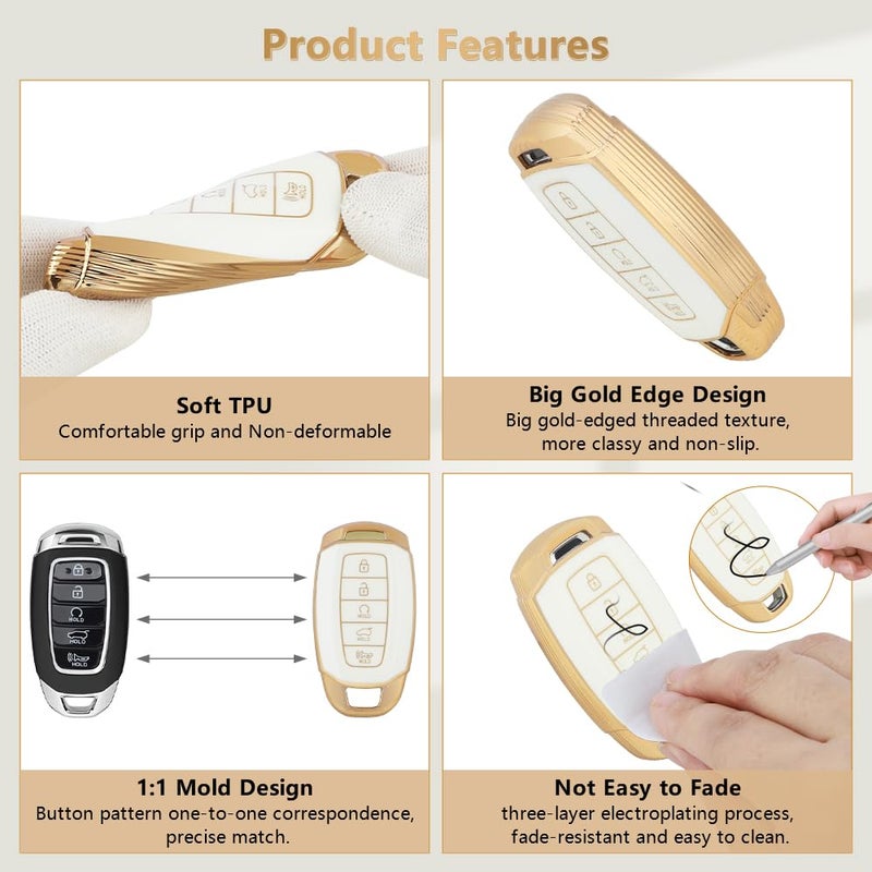 PIFOOG for Hyundai Elantra Key Fob Cover Palisade 2023 2022 2021 2020 5 Buttons Car Keys Case Shell Protector Holder Glittering Keychain Accessories Girly Women Cute TPU Gold White - Image 4