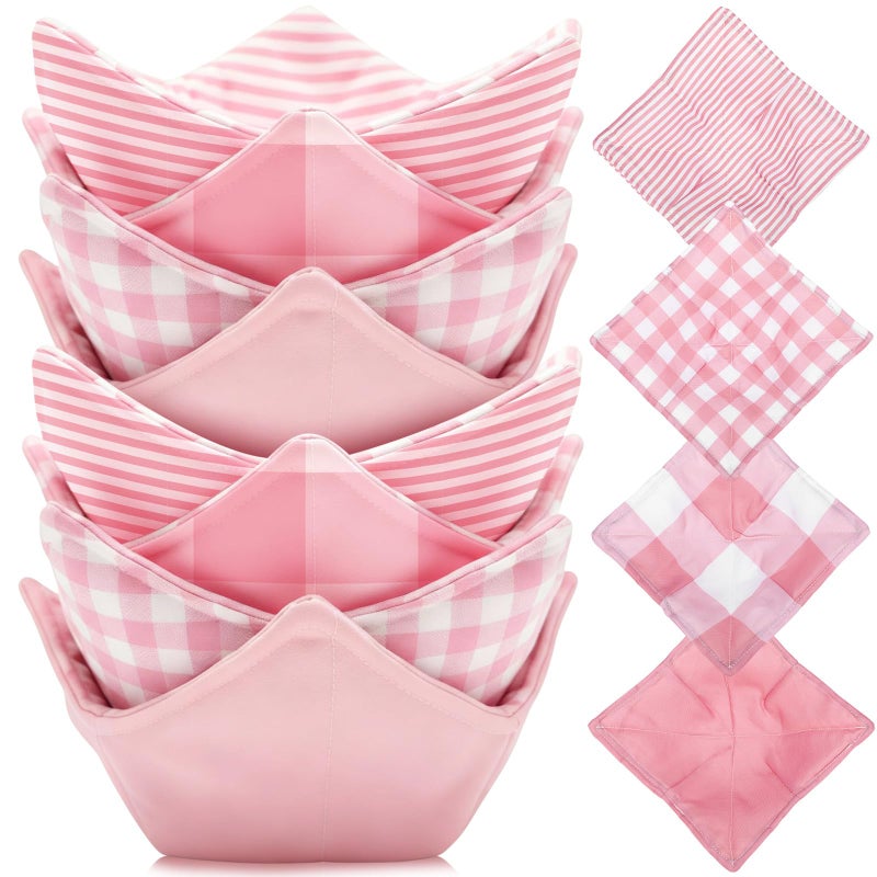 FoldTier 8 Pcs Microwave Bowl Cozy Holders â€“ Valentine's Day Pink Plaid Stripe Polyester Reusable Hot Pads Soup Bowl Potholders Heat Resistant Grip, Housewarming Kitchen Gift for Hot Food Plates - Image 1