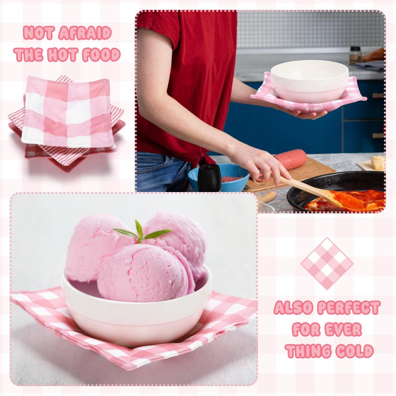FoldTier 8 Pcs Microwave Bowl Cozy Holders â€“ Valentine's Day Pink Plaid Stripe Polyester Reusable Hot Pads Soup Bowl Potholders Heat Resistant Grip, Housewarming Kitchen Gift for Hot Food Plates - Image 3