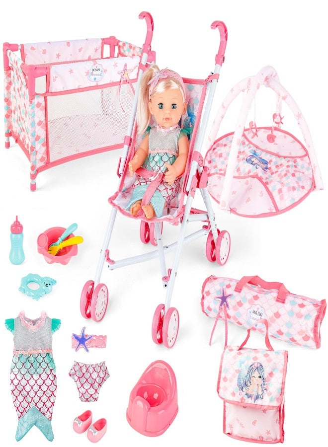 deAO Baby Doll Stroller Crib Bed Nursery Role Play Set Baby Doll Accessories and Play Mat,Travel Cot,Foldable Stroller and Travel Bag Birthday for Girls Boys Kids - Image 1
