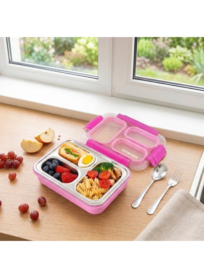 Eazy Kids Stainless Steel Lunch Box 710ml, 3 Compartment Leakproof Bento Box for Kids- Pink - Image 4