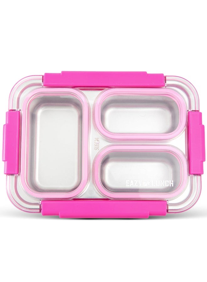 Eazy Kids Stainless Steel Lunch Box 710ml, 3 Compartment Leakproof Bento Box for Kids- Pink - Image 2