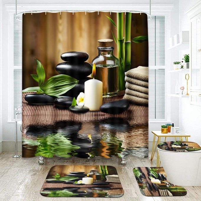 STONES SPA BAMBOO BATHROOM SET WITH SHOWER CURTAIN AND RUG ACCESSORIES OIL WOOD MASSAGE CANDLE MODERN WATER BAMBOO GREEN TROPICAL SHOWER CURTAIN FOR BATHROOM DECOR 4 PCS