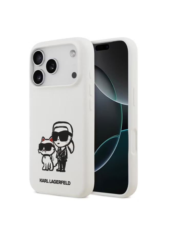 كارل لاغرفيلد غطاء كارل لاغرفيلد سيليكون سائل بتصميم كارل وشوبي (Karl & Choupette Sketch) لهاتف آيفون 17 برو ماكس – أبيض