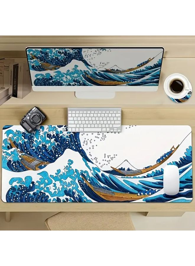 Red Large Thick Water Resistant Non Slip Desk Mat Mouse Pad Coaster Set 35.43 x 15.74 Inch Great Waves - Image 1