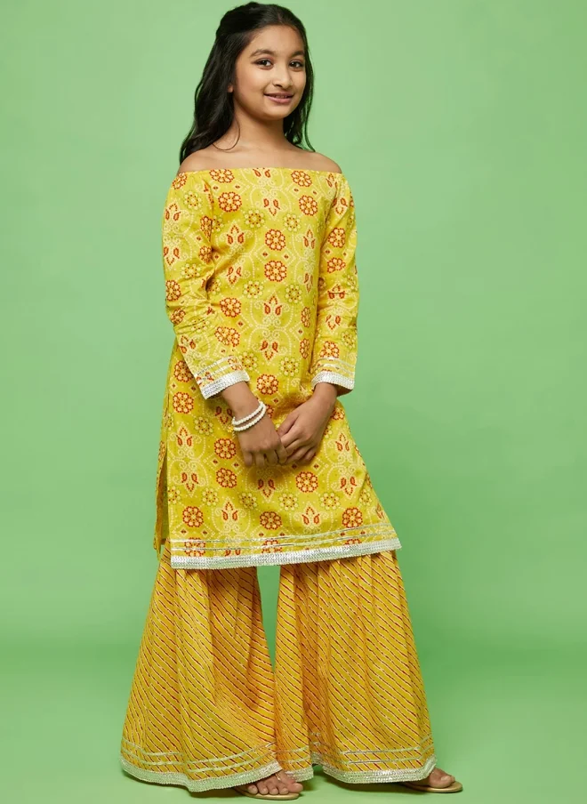 AKS Yellow Bandhani Printed Off-Shoulder Kurta Set for Girls
