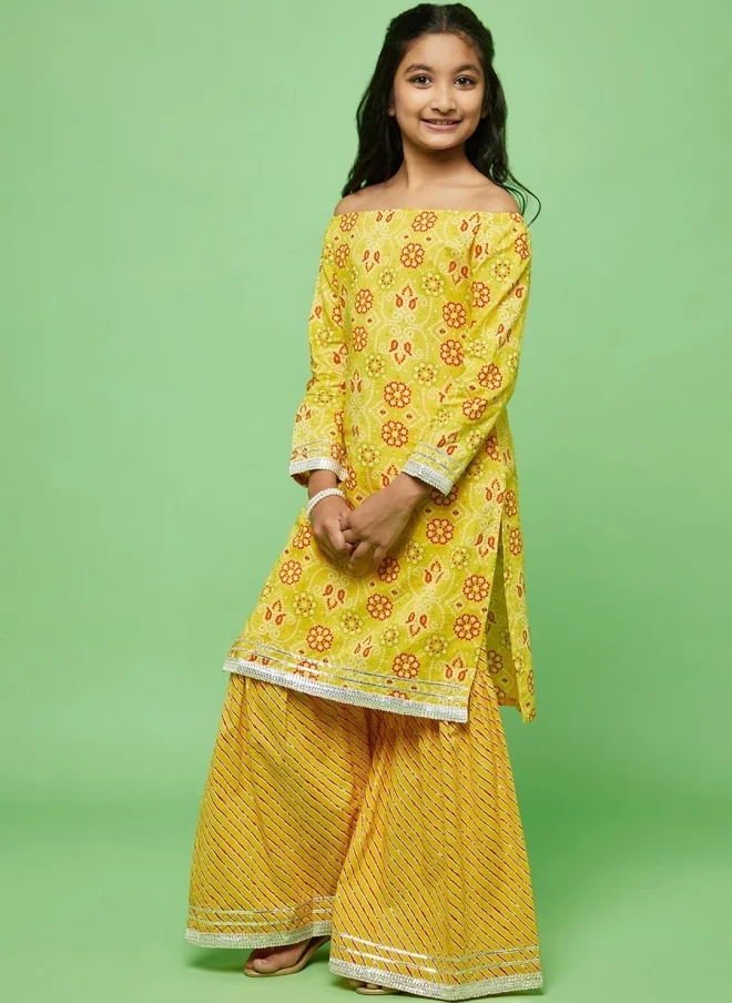 AKS Yellow Bandhani Printed Off-Shoulder Kurta Set for Girls