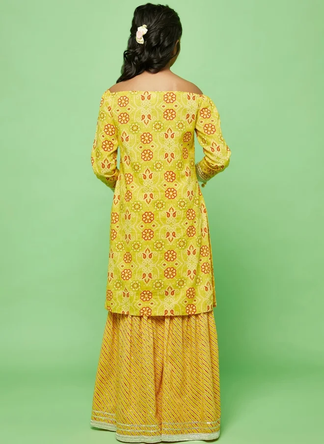 AKS Yellow Bandhani Printed Off-Shoulder Kurta Set for Girls