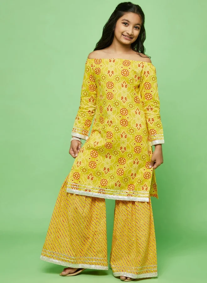 AKS Yellow Bandhani Printed Off-Shoulder Kurta Set for Girls