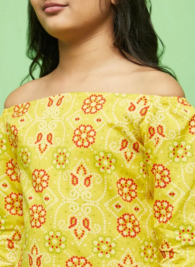 AKS Yellow Bandhani Printed Off-Shoulder Kurta Set for Girls
