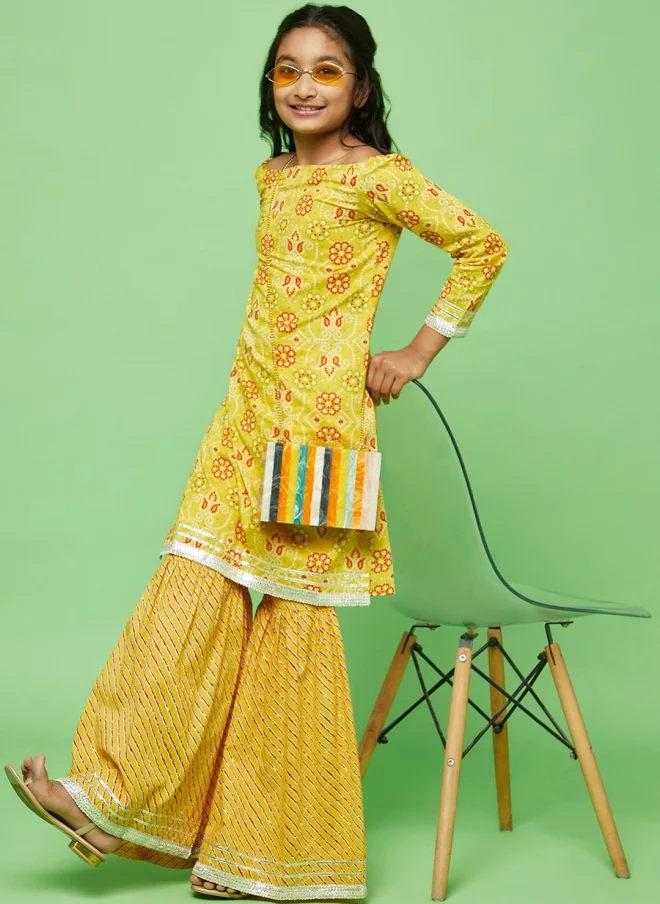 AKS Yellow Bandhani Printed Off-Shoulder Kurta Set for Girls