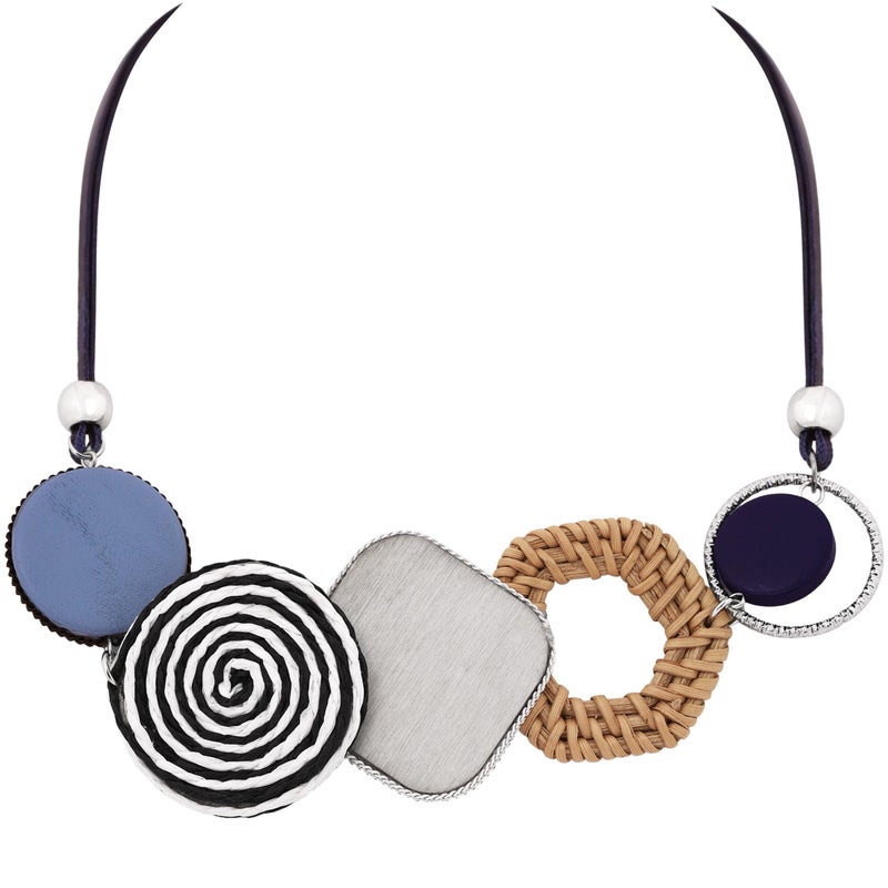 MINACHI Boho MixedMaterial Statement Necklace Rattan Resin Brushed Metal Discs on Cord 1617 Inch Bohemian Vintage Style for Women - Image 2