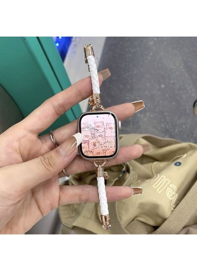 Generic Homemade Leather Diamond Plaid Strap Suitable For Applewatch9 For Apple Iwatch876SE Thin Woven Leather Rope-颜色:【仅带子】白色-42/44/45/49mm通用【无表  - Image 1