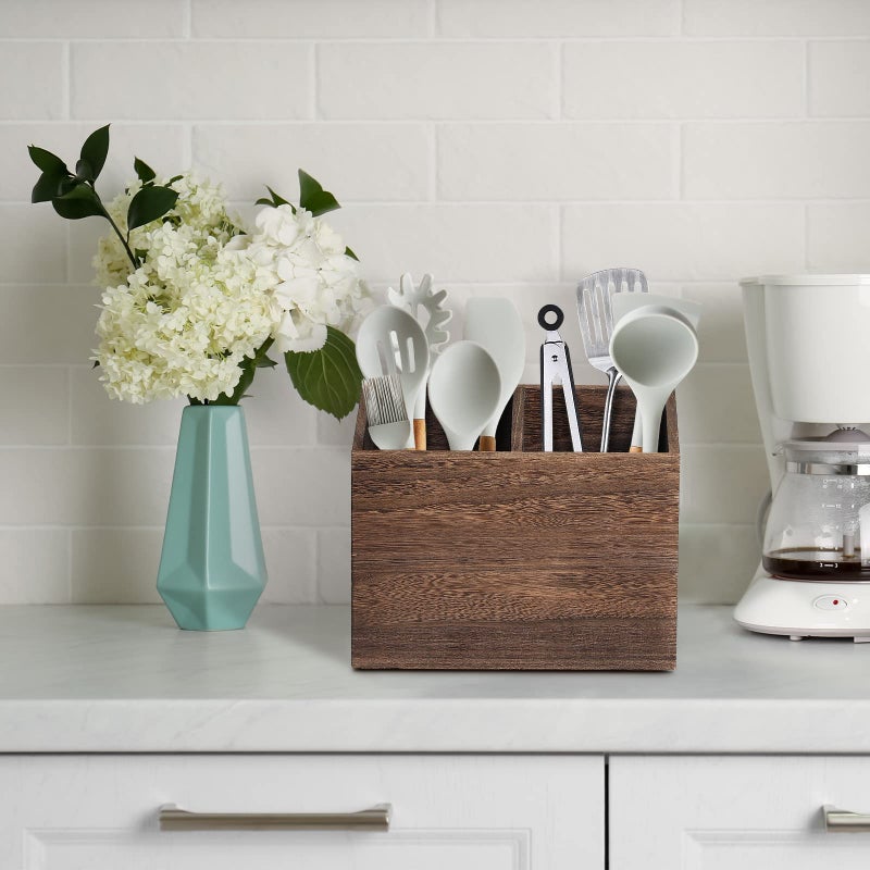 RJMKD Wooden Kitchen Utensil Caddy With 2 Compartments, Rustic Kitchen Utensil Holder for Kitchen Countertop, Wood Utensil Crock Organizer Box for Farmhouse Kitchen Decor (brown) - Image 3