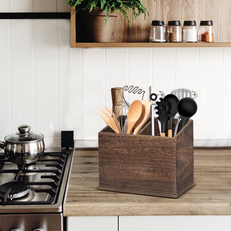 RJMKD Wooden Kitchen Utensil Caddy With 2 Compartments, Rustic Kitchen Utensil Holder for Kitchen Countertop, Wood Utensil Crock Organizer Box for Farmhouse Kitchen Decor (brown) - Image 4
