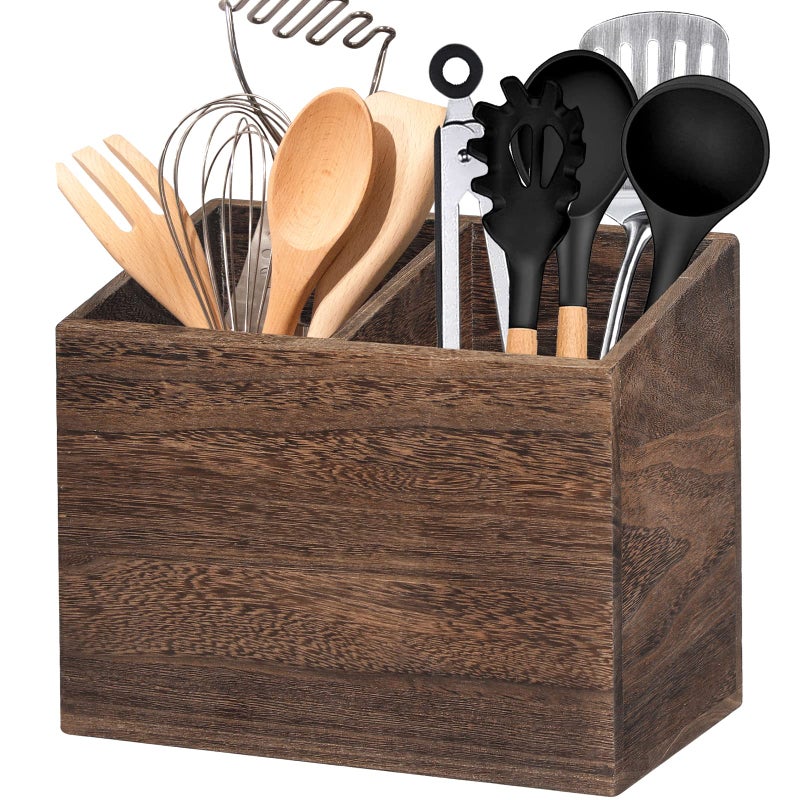 RJMKD Wooden Kitchen Utensil Caddy With 2 Compartments, Rustic Kitchen Utensil Holder for Kitchen Countertop, Wood Utensil Crock Organizer Box for Farmhouse Kitchen Decor (brown) - Image 1
