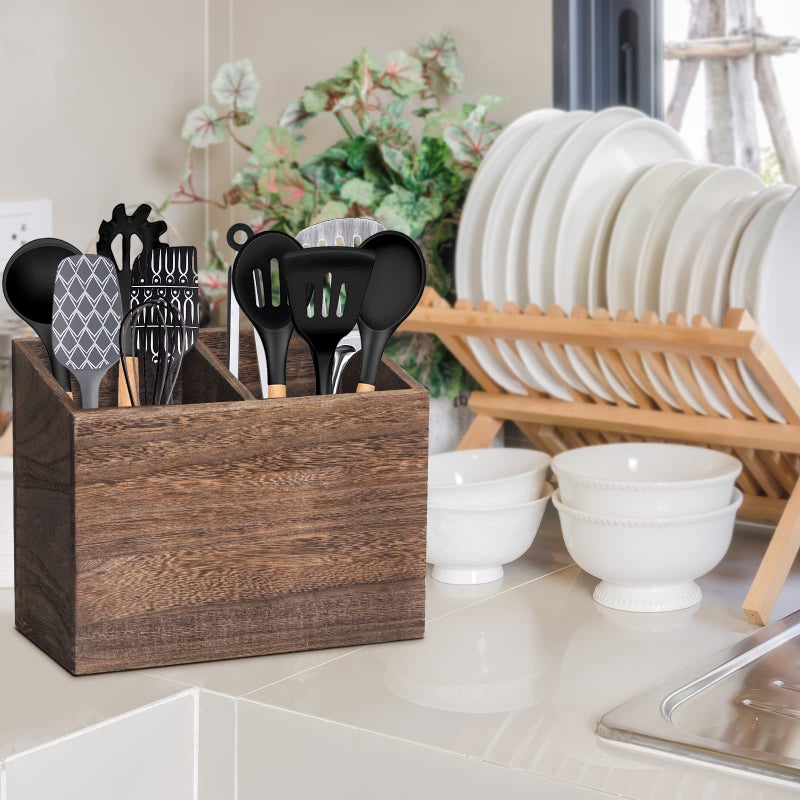 RJMKD Wooden Kitchen Utensil Caddy With 2 Compartments, Rustic Kitchen Utensil Holder for Kitchen Countertop, Wood Utensil Crock Organizer Box for Farmhouse Kitchen Decor (brown) - Image 2