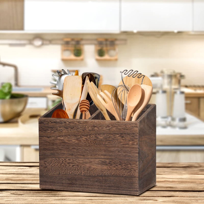 RJMKD Wooden Kitchen Utensil Caddy With 2 Compartments, Rustic Kitchen Utensil Holder for Kitchen Countertop, Wood Utensil Crock Organizer Box for Farmhouse Kitchen Decor (brown) - Image 5