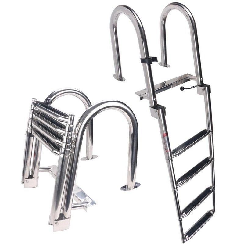 Stainless Steel inBoard 4Steps Ladder Welded Reinforce Folding Docking Ladder Folding Telescoping Rear Entry Inboard Ladder