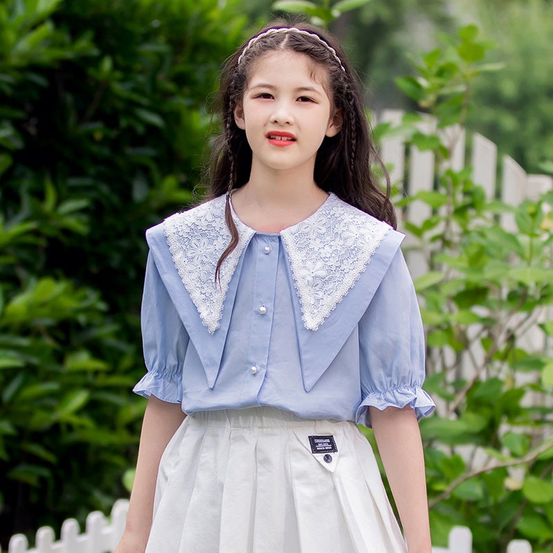 Girls suit 2025 Summer New Parcel Suit Big Childrens Summer Shirt Childrens Pleated Skirt Two-piece Set White Skirt - Image 2