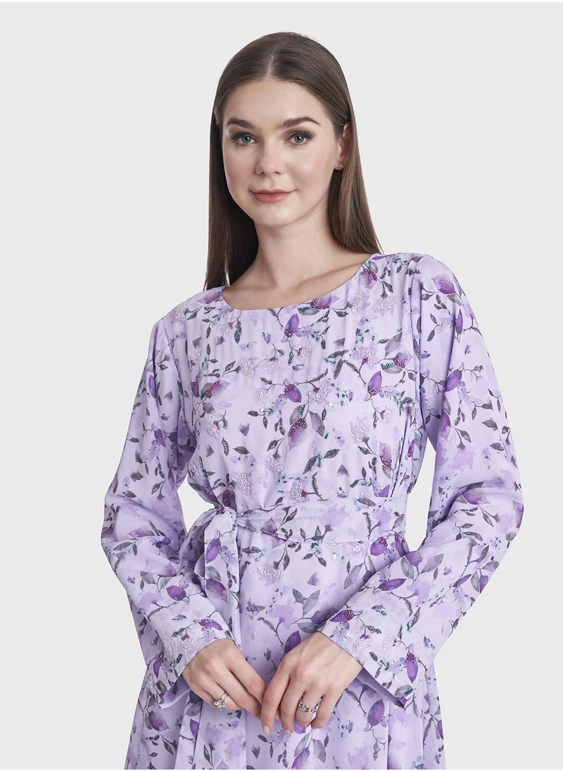 كشخة Floral Print Long Dress with Handwork