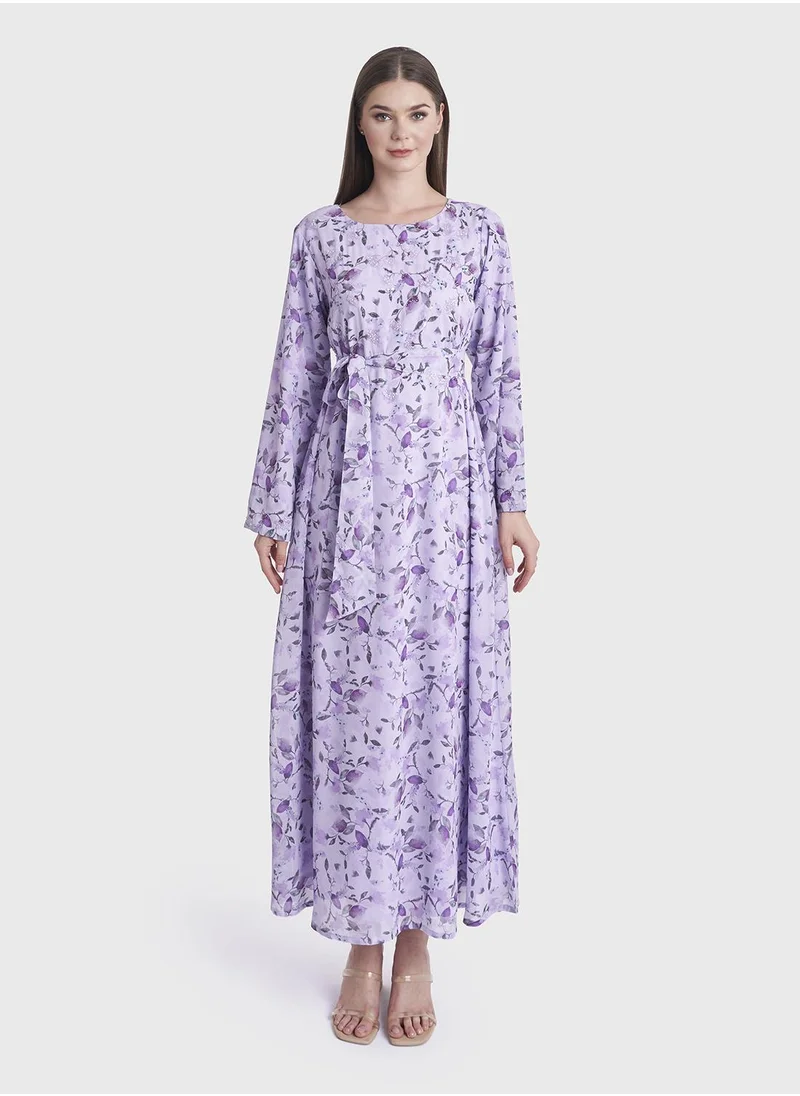 كشخة Floral Print Long Dress with Handwork